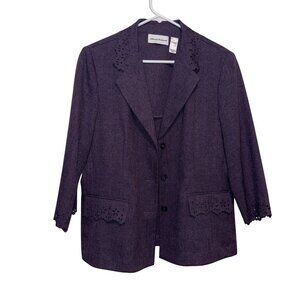 Alfred Dunner Purple Blazer Scalloped Eyelet Details 3/4 Sleeves Size 12